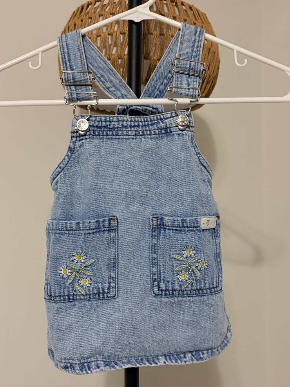 7 For All Mankind Light Blue Denim Overall Dress with Floral Pocket Embroidery